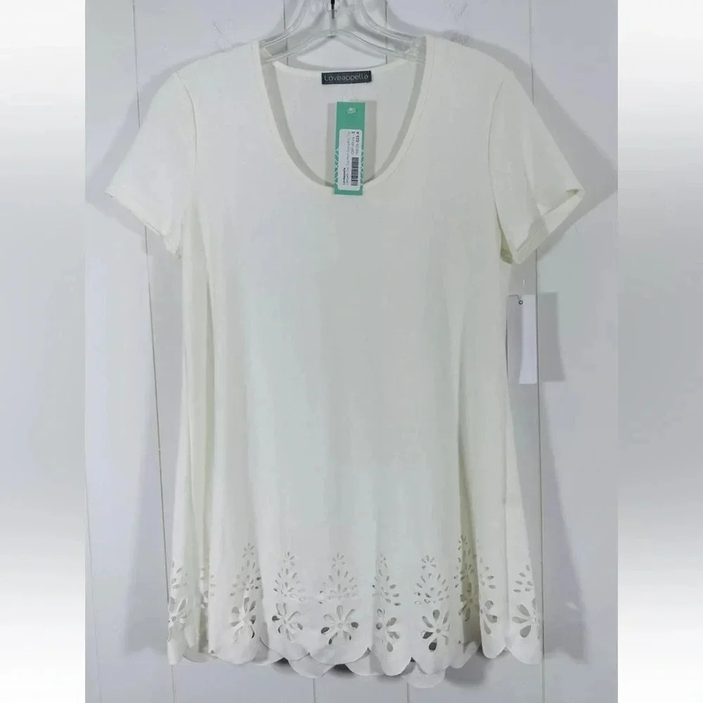 Loveappella Off White Short Sleeve Cut Out Hem Swing Knit Top Sz S